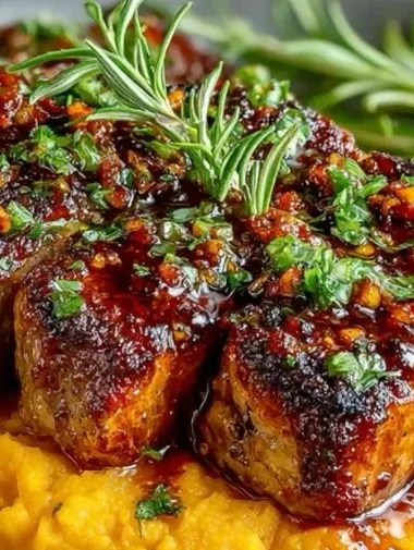 Delicious Apple Cider Pork served with creamy mashed sweet potatoes