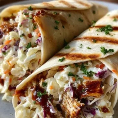 BBQ Chicken Coleslaw Wraps 4 BBQ chicken coleslaw wraps served on a plate with fresh ingredients