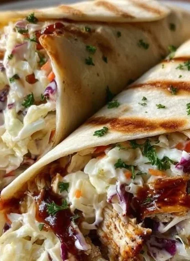 BBQ chicken coleslaw wraps served on a plate with fresh ingredients