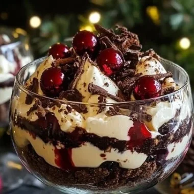 Delicious Black Forest Trifle with chocolate, cherries, and cream for Christmas