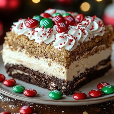 Christmas Dessert Lasagna with layers of cream and festive toppings