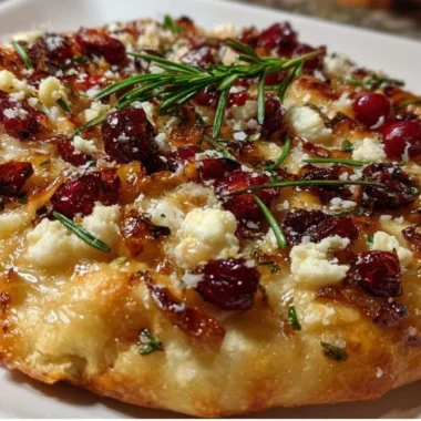 Cranberry Brie Flatbread topped with fresh cranberries and melted cheese