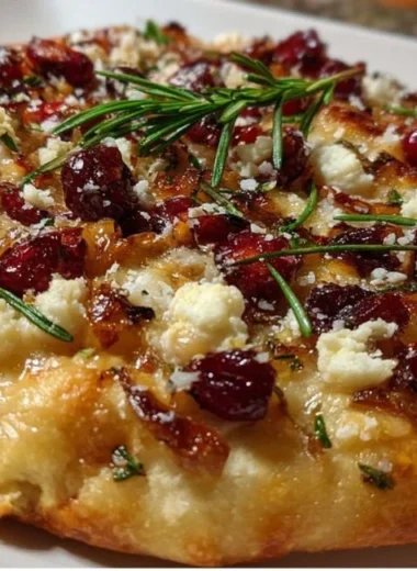 Cranberry Brie Flatbread topped with fresh cranberries and melted cheese
