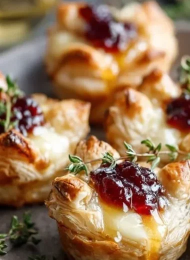 Cranberry Brie Puff Pastry Bites appetizer on a serving platter