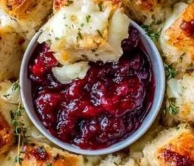 Cranberry brie pull-apart bread bites served on a wooden platter