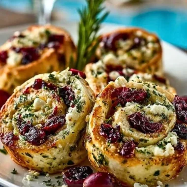 Cranberry Cream Cheese Pinwheels with Feta and Herbs on a platter