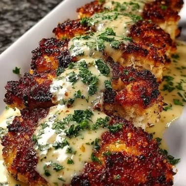 Crispy Parmesan Chicken served with rich garlic sauce on a plate.