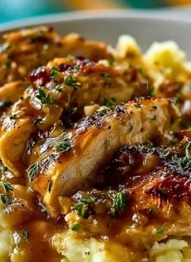 Golden seared chicken breasts with creamy mashed potatoes and garlic gravy