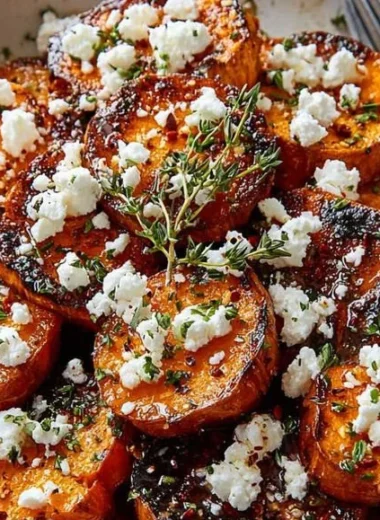 Gourmet honey feta sweet potato rounds garnished with herbs on a serving platter.