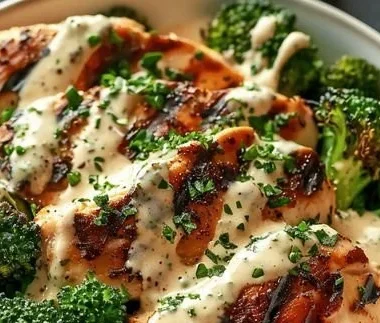 Grilled Chicken & Broccoli Bowls with Creamy Garlic Sauce 4 Grilled chicken and broccoli bowl with creamy garlic sauce on a plate