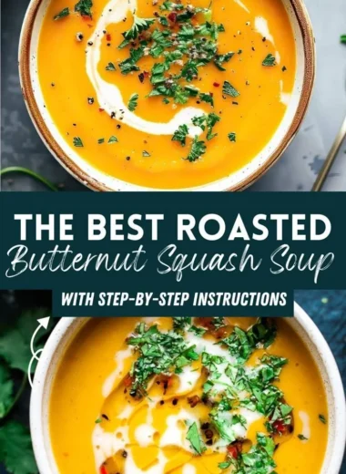 Bowl of healthy butternut squash soup garnished with herbs and spices