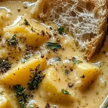 Bowl of hearty cheddar garlic herb potato soup topped with herbs and cheese.