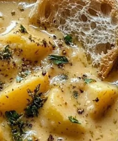 Bowl of hearty cheddar garlic herb potato soup topped with herbs and cheese.