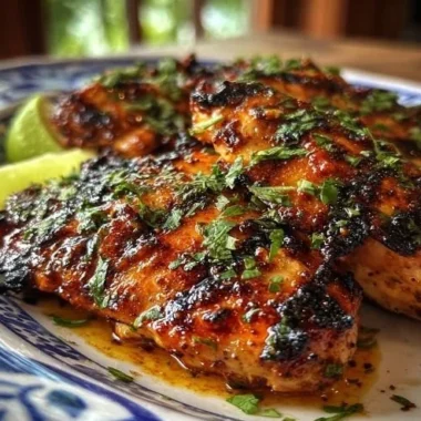 Juicy spicy grilled Cuban chicken on a platter with seasonings