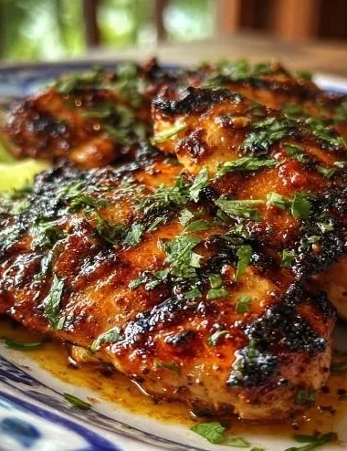 Juicy spicy grilled Cuban chicken on a platter with seasonings