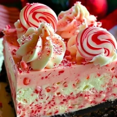 No-bake peppermint cheesecake dessert topped with crushed peppermint candy.
