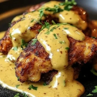 Plate of Pretzel Chicken drizzled with Mustard-Cheddar Sauce
