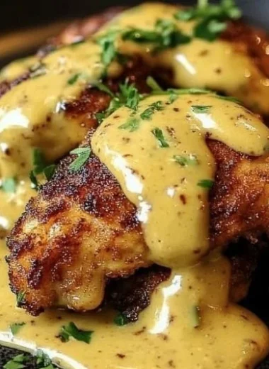 Plate of Pretzel Chicken drizzled with Mustard-Cheddar Sauce