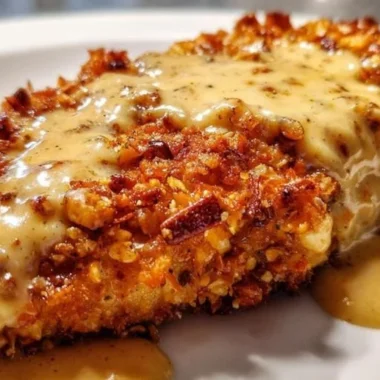 Delicious pretzel-crusted chicken served with mustard-cheddar sauce