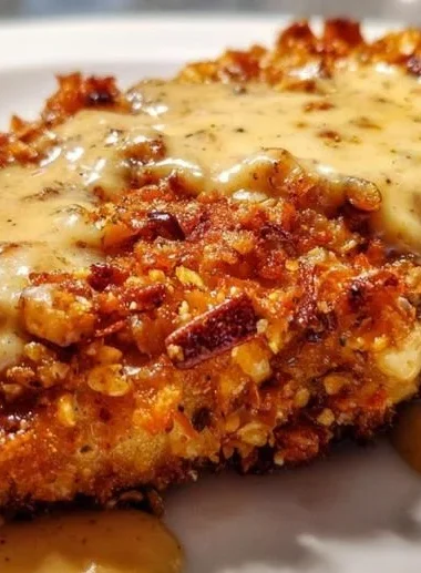Delicious pretzel-crusted chicken served with mustard-cheddar sauce