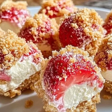 Strawberry Cheesecake Crunch Bites 4 Delicious Strawberry Cheesecake Crunch Bites topped with fresh strawberries.