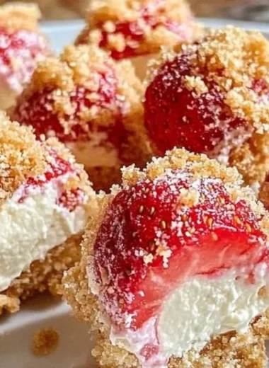 Delicious Strawberry Cheesecake Crunch Bites topped with fresh strawberries.