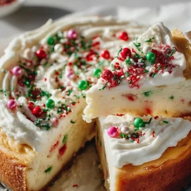 Delicious sugar cookie cheesecake dessert topped with colorful sprinkles