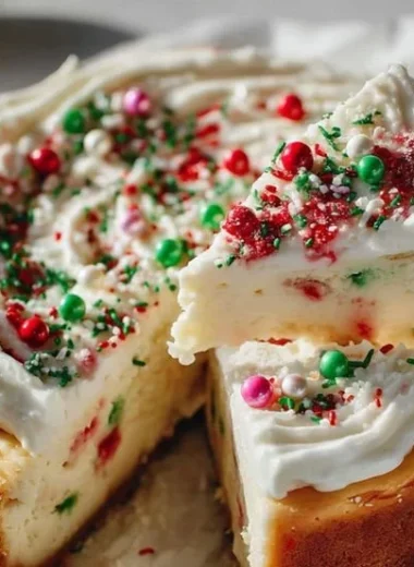 Delicious sugar cookie cheesecake dessert topped with colorful sprinkles