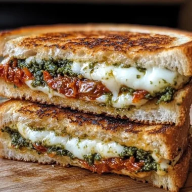 Delicious sun-dried tomato pesto grilled cheese sandwich with melted cheese