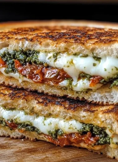 Delicious sun-dried tomato pesto grilled cheese sandwich with melted cheese