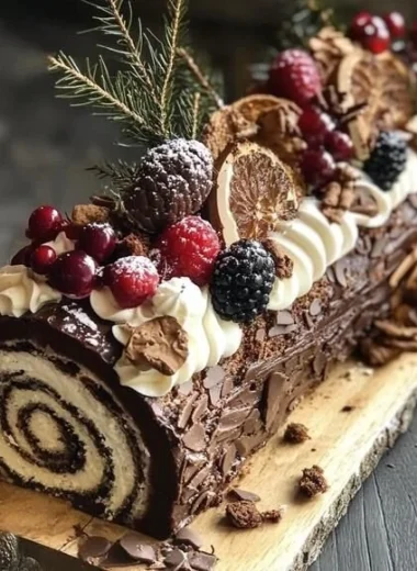 Delicious Yule Log Cake decorated for Christmas celebrations