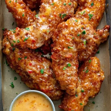 Delicious Bang Bang Chicken served with creamy sauce and garnished with cilantro.