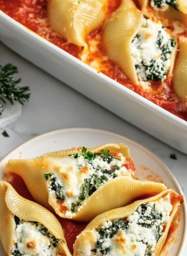 Delicious Christmas stuffed shells filled with ricotta and herbs for holiday dinner