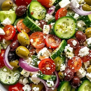 Delicious Greek salad with fresh vegetables, olives, and feta cheese.