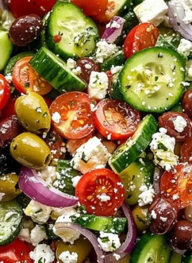 Delicious Greek salad with fresh vegetables, olives, and feta cheese.