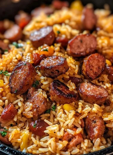 Cajun Sausage and Rice Skillet cooked in a pan with vegetables