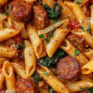 Cajun Sausage Pasta 2 Delicious Cajun sausage pasta served in a bowl with fresh herbs and spices