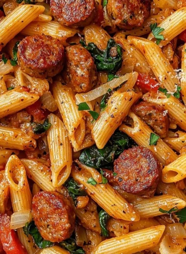 Delicious Cajun sausage pasta served in a bowl with fresh herbs and spices