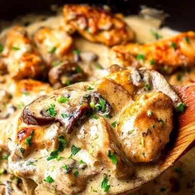 Creamy Chicken Stroganoff served over noodles with herbs and spices.