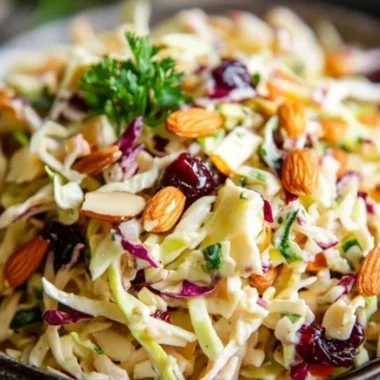 Cranberry Almond Slaw with vibrant colors and textures for Thanksgiving.