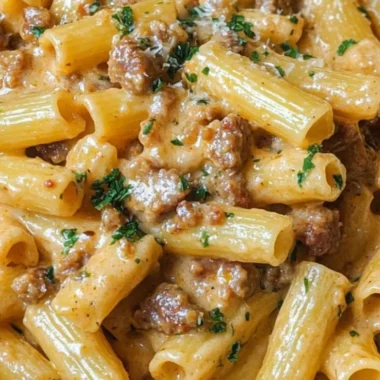 Delicious creamy Italian sausage rigatoni served in a bowl