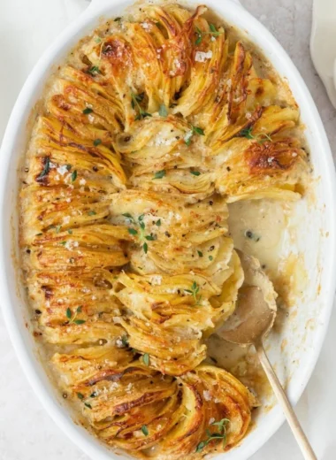 Creamy scalloped potatoes baked to perfection