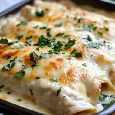 Creamy white chicken enchiladas topped with cheese and cilantro