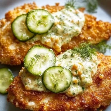 Plate of Crispy Dill Pickle Parmesan Chicken garnished with dill and pickles