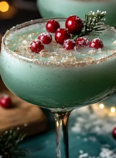 Frosted Christmas Tree Fizz cocktail in a decorated holiday setting.