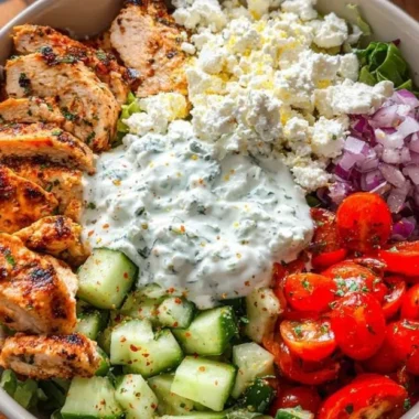 Delicious Greek chicken bowls with fresh vegetables and tzatziki sauce