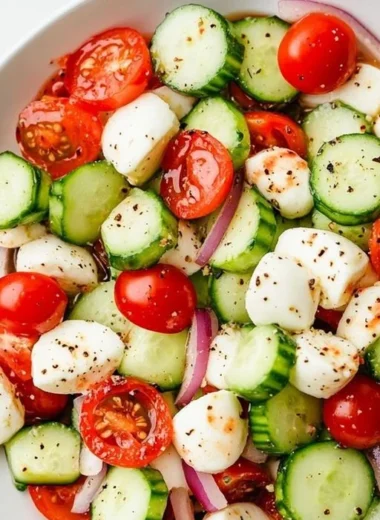 Juicy Cucumber Caprese Salad with fresh mozzarella, basil, and cucumbers