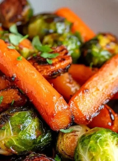 Paleo Maple Glazed Carrots and Brussels Sprouts dish served on a plate