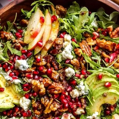 Colorful pomegranate Christmas salad with honey mustard dressing