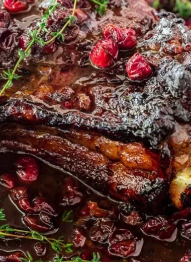 Delicious roast beef with cranberry and balsamic glaze served on a platter